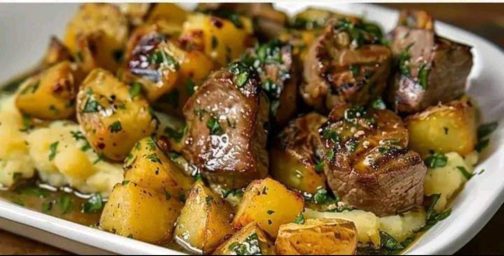 Garlic Butter Steak Bites and Cheesy Smashed Potatoes Recipe - FULL RECIPE