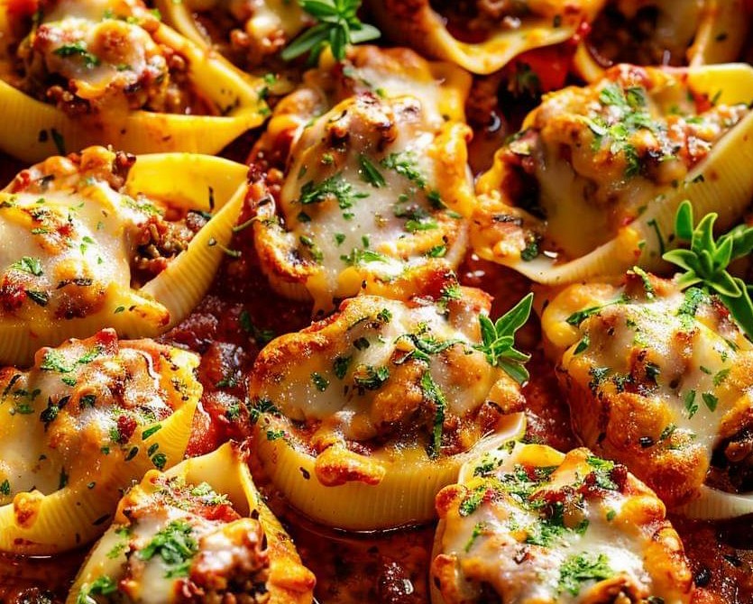 Baked Shells with Pesto Mozzarella and Meat Sauce