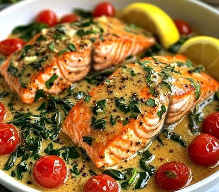 Creamy Tuscan Salmon with Spinach & Cherry Tomatoes - FULL RECIPE