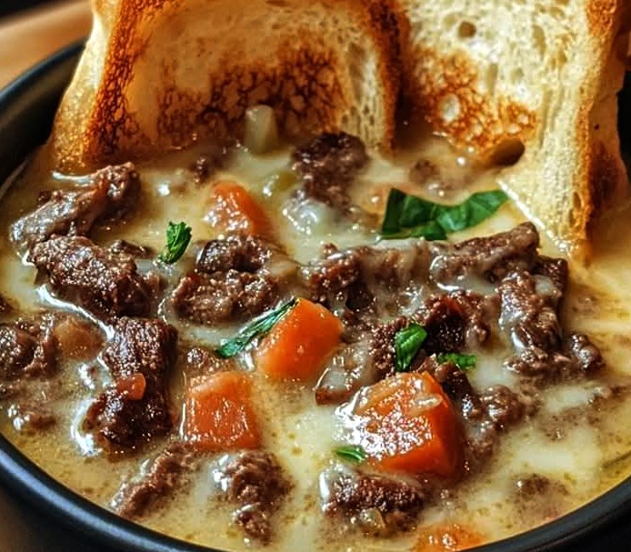 One-Pot Philly Cheesesteak Soup with Cheesy Toast