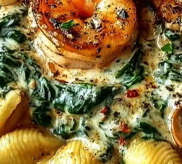 Creamy Shrimp Pasta Shells with Spinach & Mushrooms