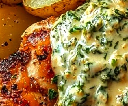 Triple Cheese Garlic Chicken Alfredo with Roasted Parmesan Potatoes & Spinach Basil Pesto