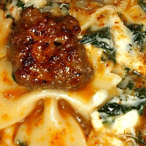 Creamy Garlic Butter Bowtie Pasta with Beef, Italian Sausage & Spinach