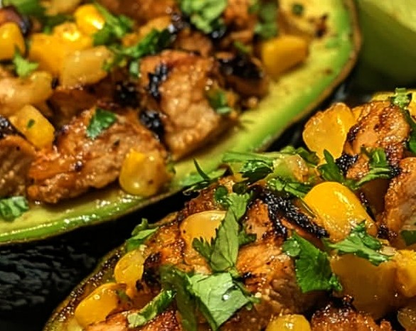 Honey Lime Chicken Stuffed Avocados with Corn Salsa