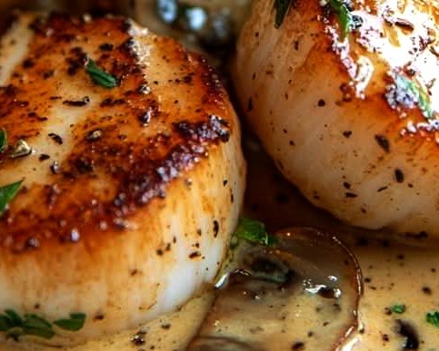 Seared Scallops with Creamy Garlic Mushroom Sauce