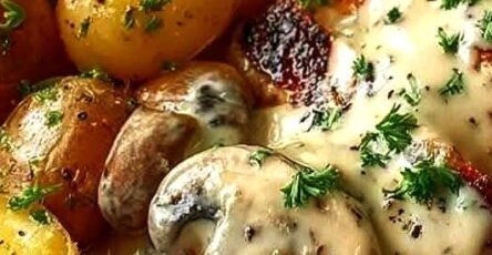 Creamy Mushroom Chicken with Herb-Roasted Baby Potatoes