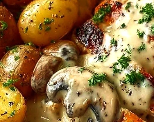 Creamy Mushroom Chicken with Herb-Roasted Baby Potatoes