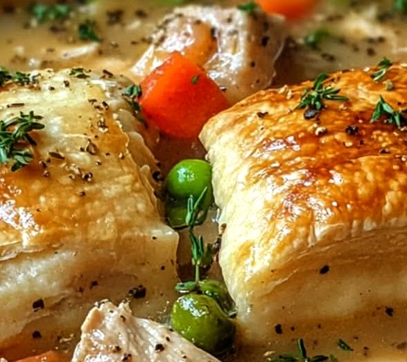 Creamy Chicken Pot Pie Soup with Puff Pastry Toppers