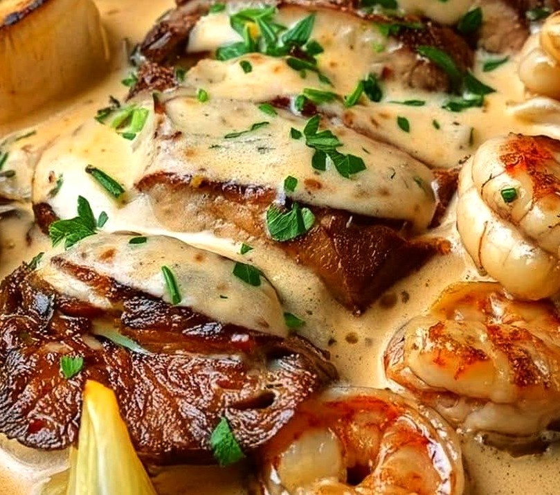 Creamy Cajun Shrimp Surf and Turf Steak