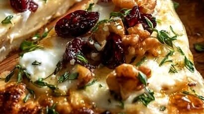 Crispy Flatbread with Brie, Cranberries, Toasted Walnuts & Hot Honey Drizzle