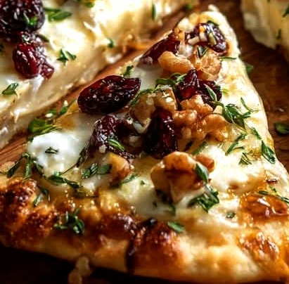 Crispy Flatbread with Brie, Cranberries, Toasted Walnuts & Hot Honey Drizzle