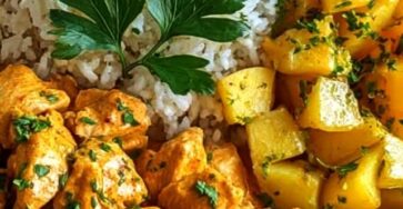 Creamy Golden Chicken Bowl with Herb Potatoes & Fluffy Rice