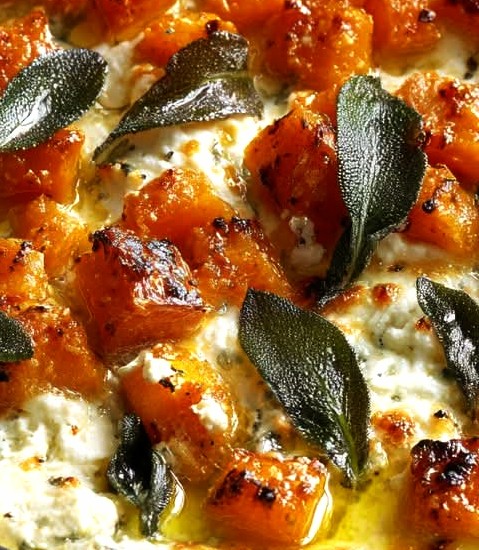 Baked Whipped Feta & Goat Cheese Dip with Roasted Sweet Potato and Crispy Sage