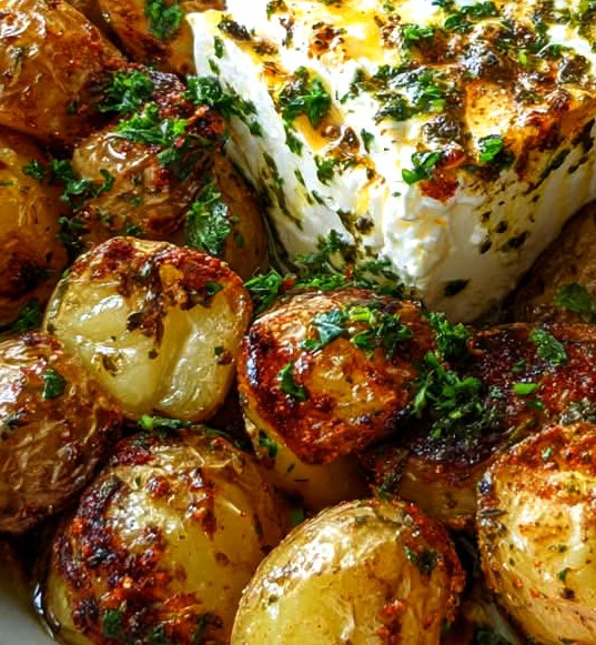 Roasted Baby Potatoes with Baked Feta & Herbs