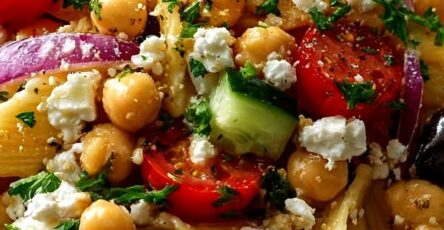 Cold Mediterranean Pasta Salad with Chickpeas, Olives & Feta