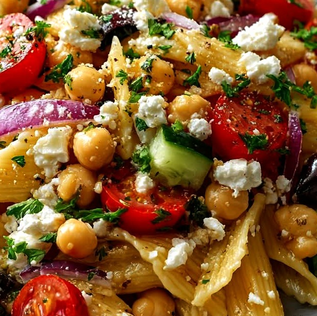 Cold Mediterranean Pasta Salad with Chickpeas, Olives & Feta