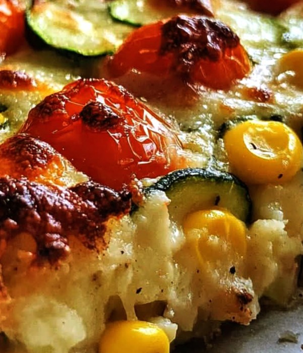 Zucchini Corn Tomato Bake with Crispy Parmesan Crust