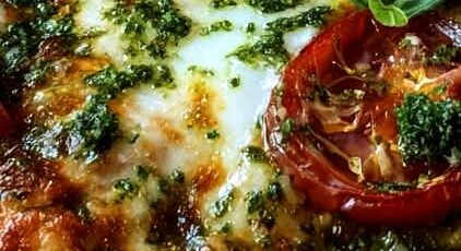 Pesto Tomato Pizza with Creamy Burrata & Fresh Basil