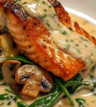 Garlic Butter Salmon with Spinach & Mushrooms in Creamy Parmesan Sauce