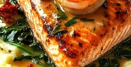 Garlic Butter Salmon & Shrimp with Creamy Spinach Mash