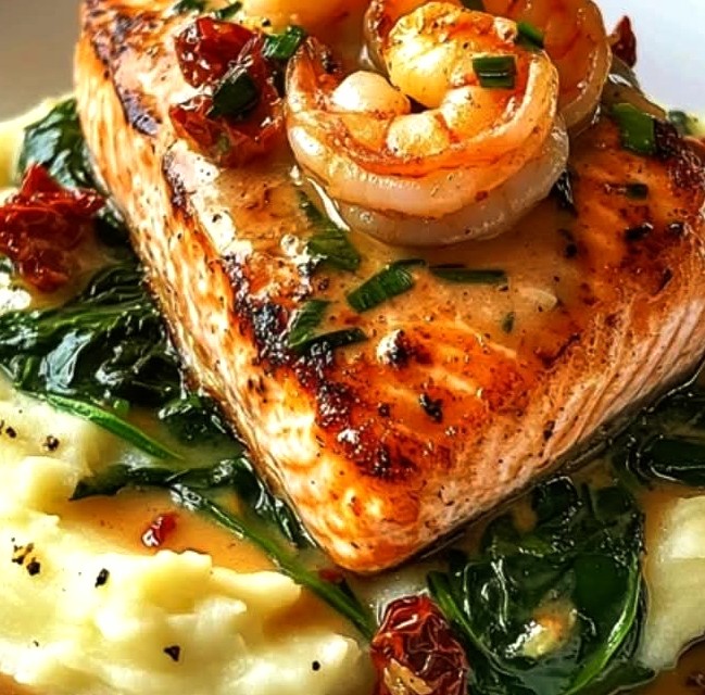 Garlic Butter Salmon & Shrimp with Creamy Spinach Mash