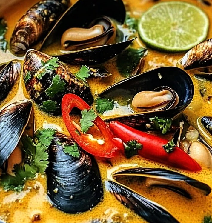 Spicy Coconut Lemongrass Mussel Soup