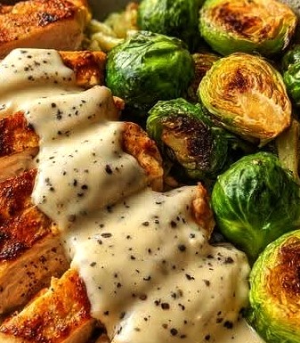 Ultimate Creamy Black Pepper Chicken Bowl with Crispy Brussels Sprouts & Buttery Mashed Potatoes