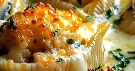 Shrimp and Crab Stuffed Jumbo Pasta Shells with Creamy Alfredo Sauce