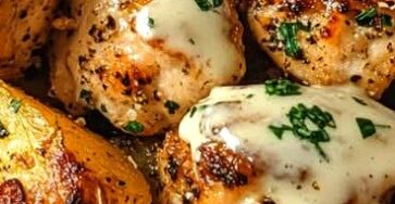 Garlic Butter Chicken Bites with Parmesan Cream Sauce & Cheesy Roasted Potatoes Garlic Butter Chicken Bites with Parmesan Cream Sauce & Cheesy Roasted Potatoes