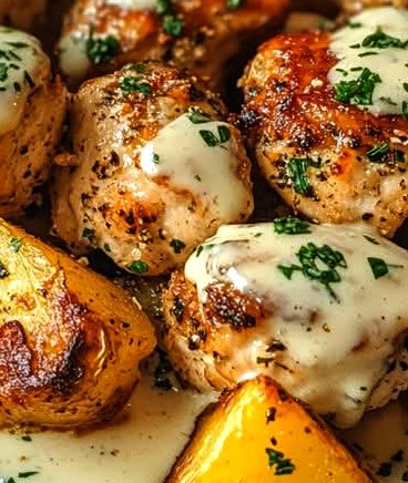 Garlic Butter Chicken Bites with Parmesan Cream Sauce & Cheesy Roasted Potatoes