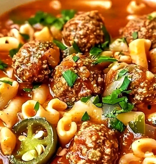 Spicy Meatball Pasta Soup with Cheesy Jalapeño Poppers