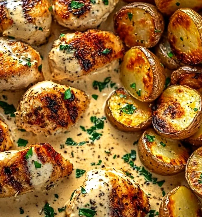 Creamy Garlic Chicken with Golden Roasted Baby Potatoes
