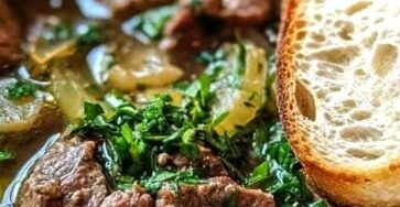 Hearty French Onion Soup with Tender Beef & Crispy Cheese-Topped Baguette Hearty French Onion Soup with Tender Beef & Crispy Cheese-Topped Baguette