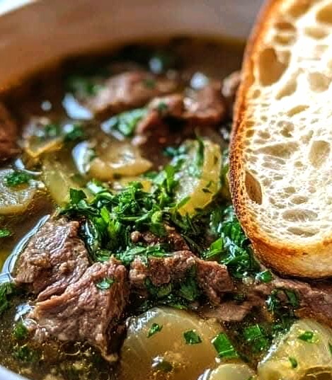 Hearty French Onion Soup with Tender Beef & Crispy Cheese-Topped Baguette