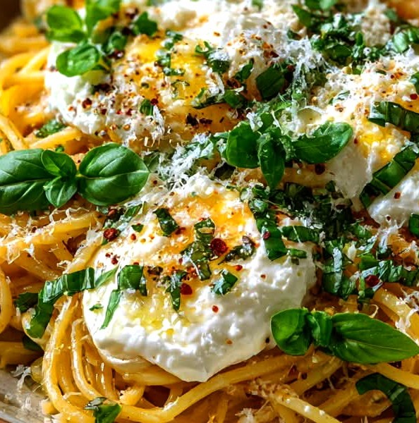 Lemon Herb Burrata Spaghetti with Roasted Garlic