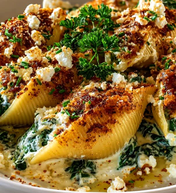 Greek Stuffed Shells with Spinach, Feta & Creamy Lemon Sauce