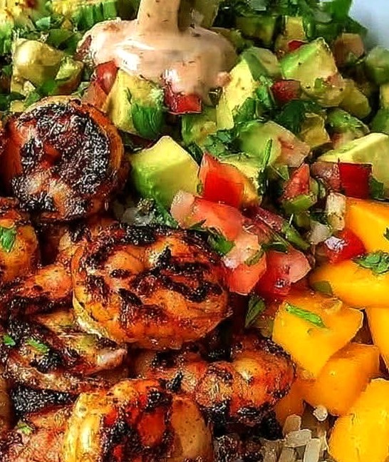 Healthy Shrimp and Avocado Bowl with Fresh Mango Salsa & Zesty Lime-Chili Sauce