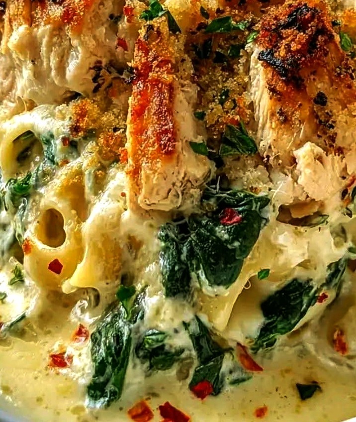 Spinach Chicken Casserole with Cream Cheese & Mozzarella