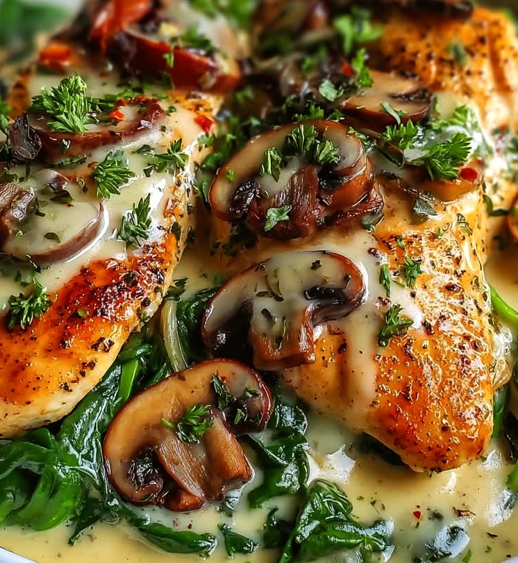 Chicken with Spinach and Mushrooms in Creamy Parmesan Sauce