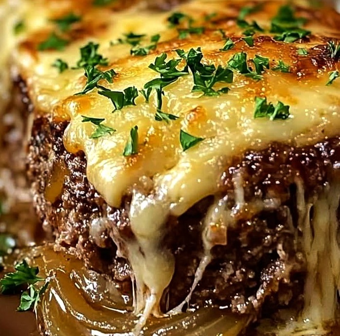 Crockpot French Onion Meatloaf with Melted Swiss Cheese