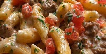 Creamy Rotel Pasta with Ground Beef & Cheese