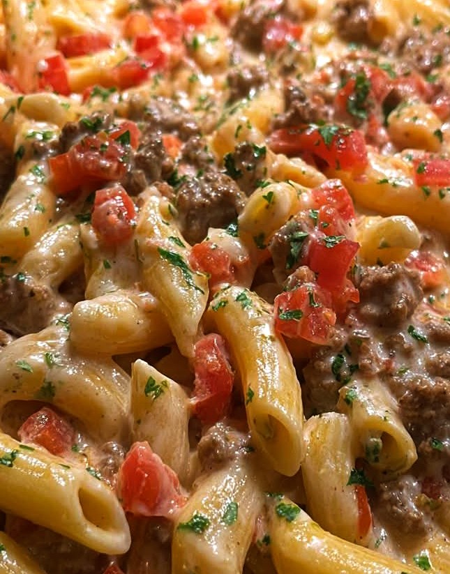 Creamy Rotel Pasta with Ground Beef & Cheese