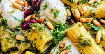 Lemon Pesto Rigatoni with Creamy Burrata & Toasted Pine Nuts