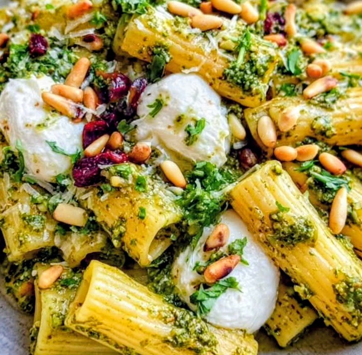 Lemon Pesto Rigatoni with Creamy Burrata & Toasted Pine Nuts