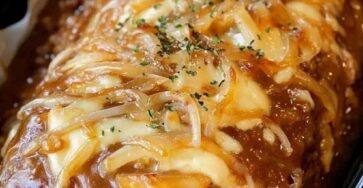 Crockpot French Onion Meatloaf with Melted Swiss Cheese