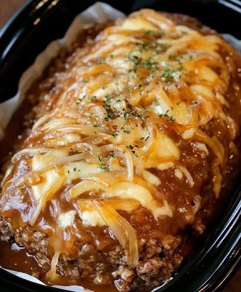 Crockpot French Onion Meatloaf with Melted Swiss Cheese