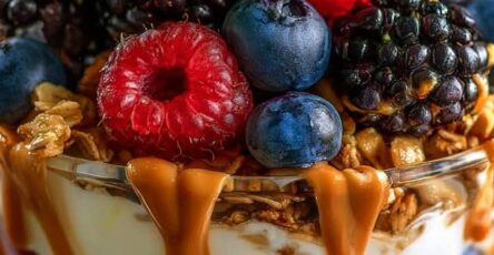 Berry Yogurt Parfait with Caramel Drizzle