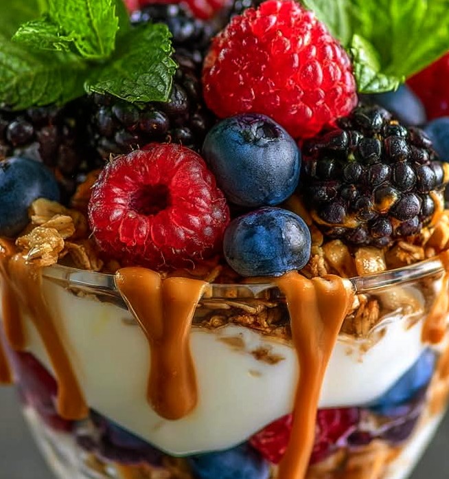 Berry Yogurt Parfait with Caramel Drizzle