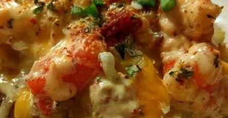 Seafood Loaded Baked Potato with Creamy 3- Cheese Sauce