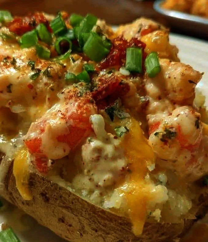 Seafood Loaded Baked Potato with Creamy 3- Cheese Sauce